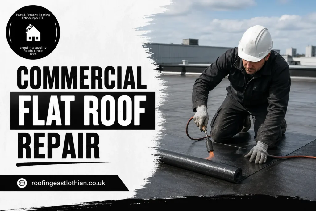 Commercial flat roof repair in progress on a building in Edinburgh
